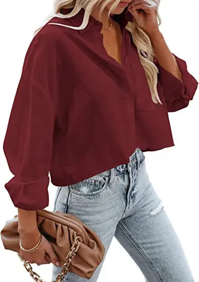 Women's Maroon Long Sleeve Buckle Top with Jeans — feature 4