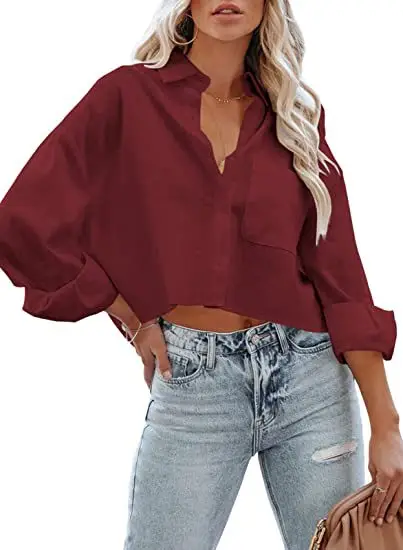 Women's Maroon Long Sleeve Buckle Top with Jeans - Image 3