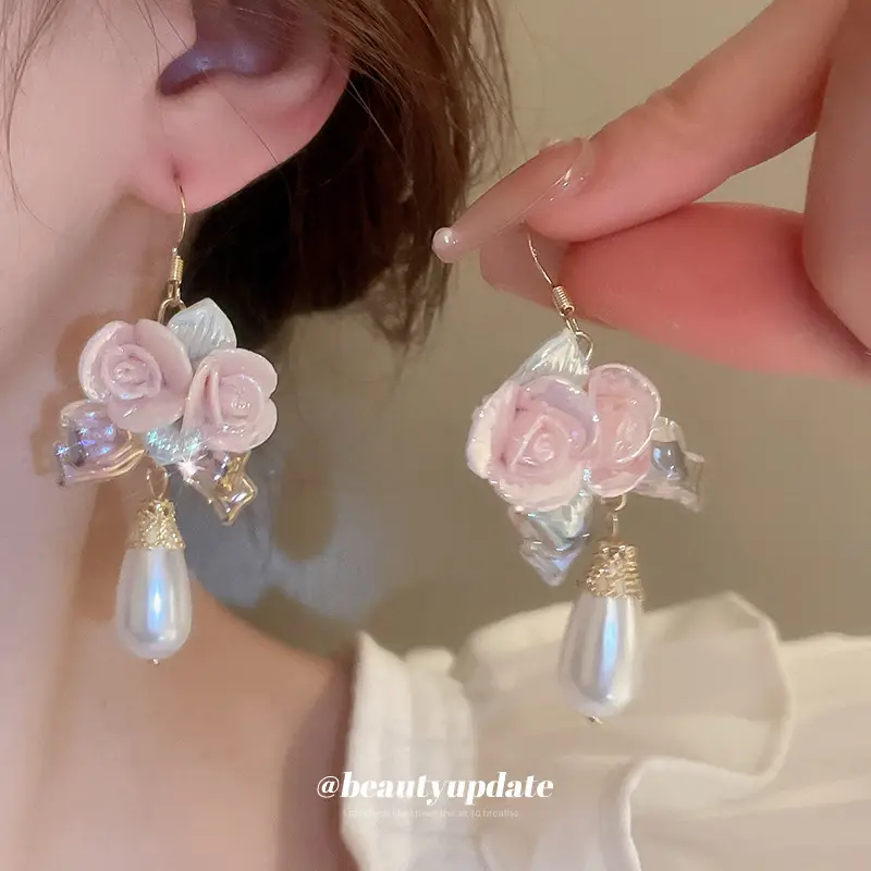 Pink Rose Pearl Earrings Set for Women - Image 4
