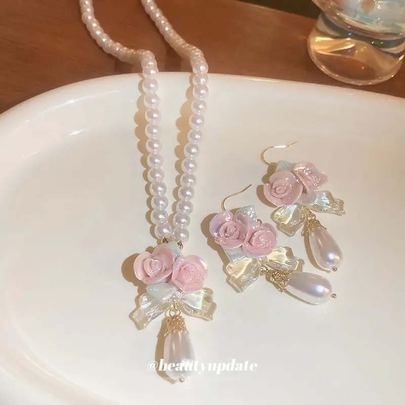 Pink Rose Pearl Earrings Set for Women - Image 5