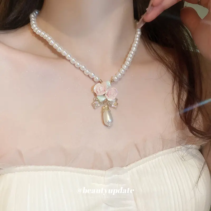 Pink Rose Pearl Earrings Set for Women - Image 6
