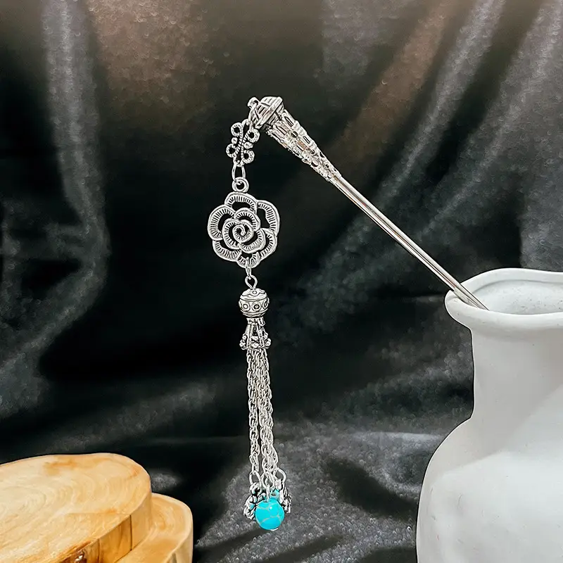 Turquoise Hollow Flower Tassel Hairpin for Women - Image 16