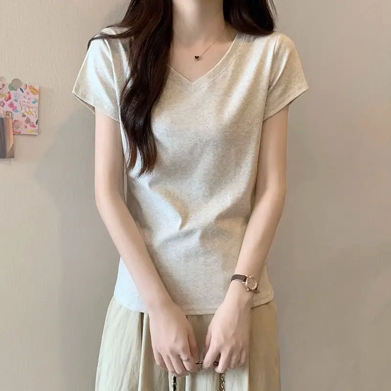 White V Neck Pure Cotton T-Shirt Women's Half-Sleeved 2025 - Image 3