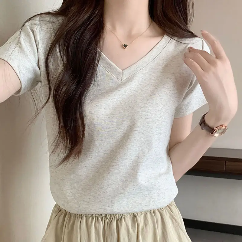 White V Neck Pure Cotton T-Shirt Women's Half-Sleeved 2025 - Image 4