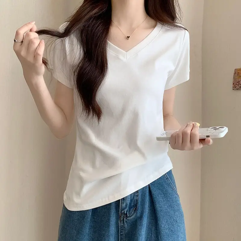White V Neck Pure Cotton T-Shirt Women's Half-Sleeved 2025 - Image 5