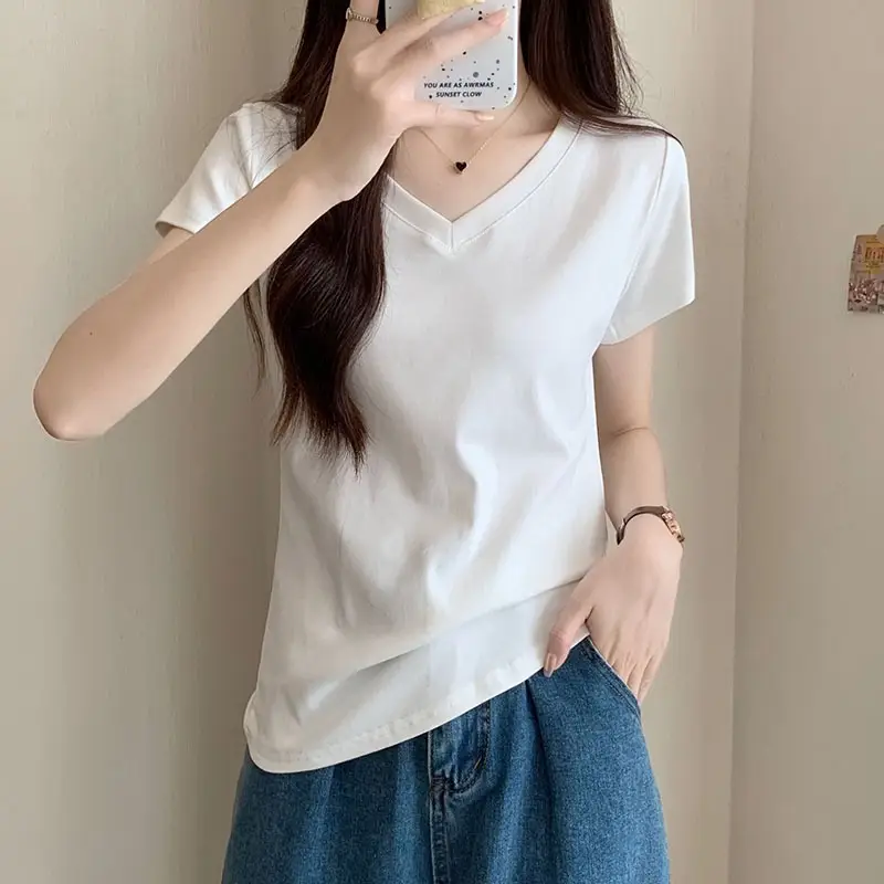 White V Neck Pure Cotton T-Shirt Women's Half-Sleeved 2025 - Image 6