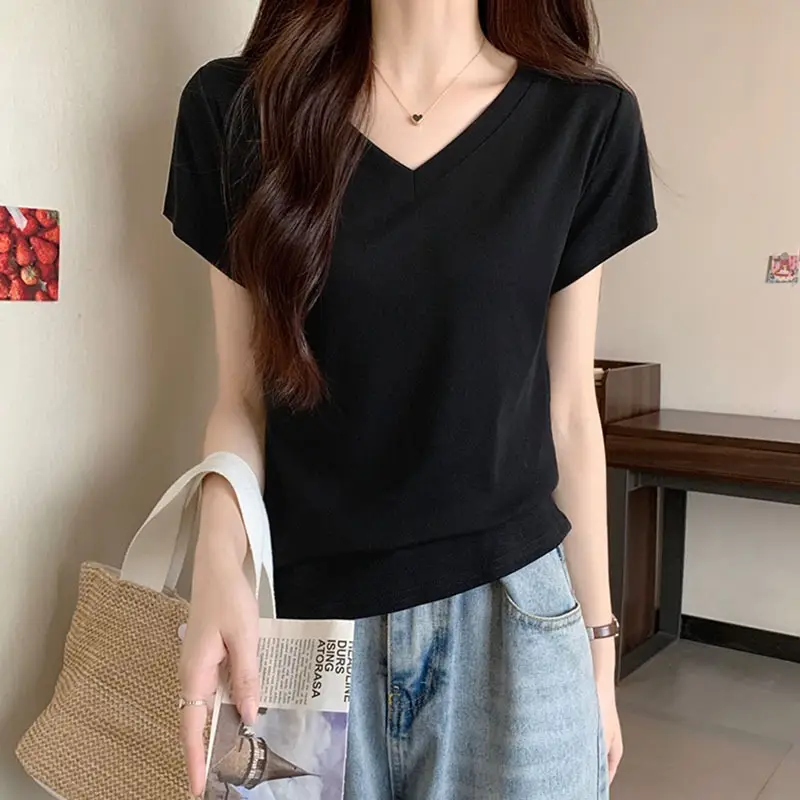 White V Neck Pure Cotton T-Shirt Women's Half-Sleeved 2025 - Image 7