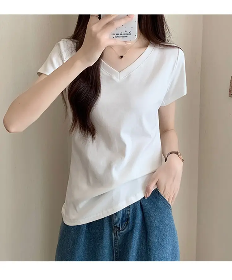 White V Neck Pure Cotton T-Shirt Women's Half-Sleeved 2025 — feature 17