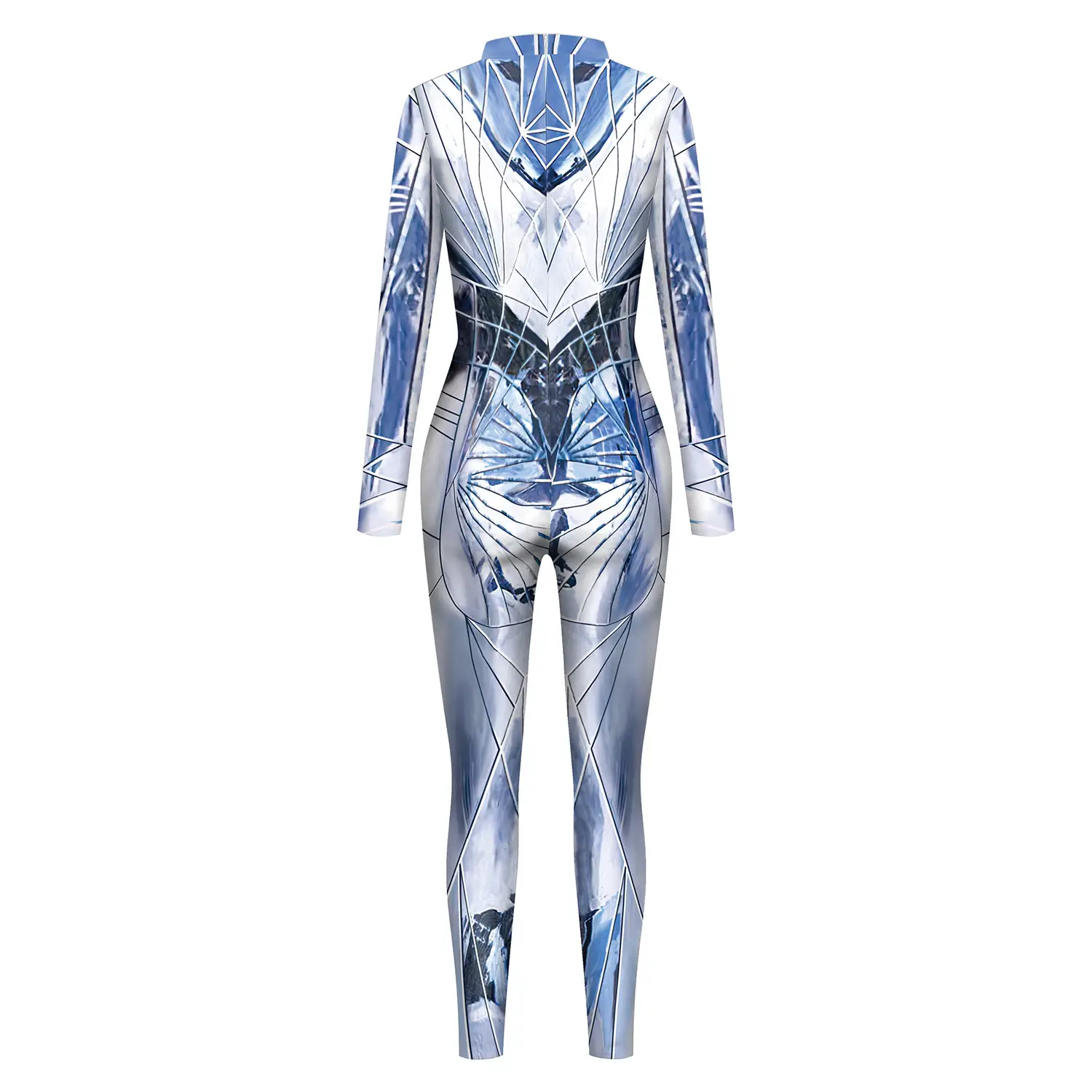 Women Glass Stitched Jumpsuit Tights Blue Silver Digital Print