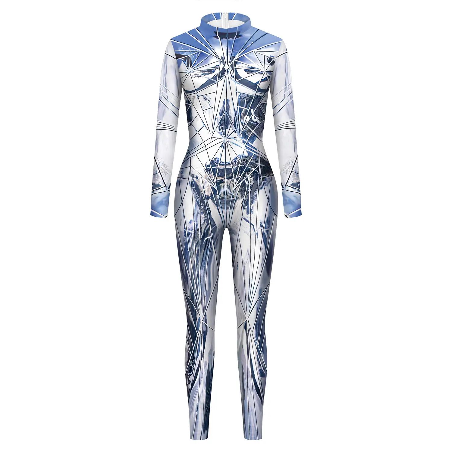 Women Glass Stitched Jumpsuit Tights Blue Silver Digital Print