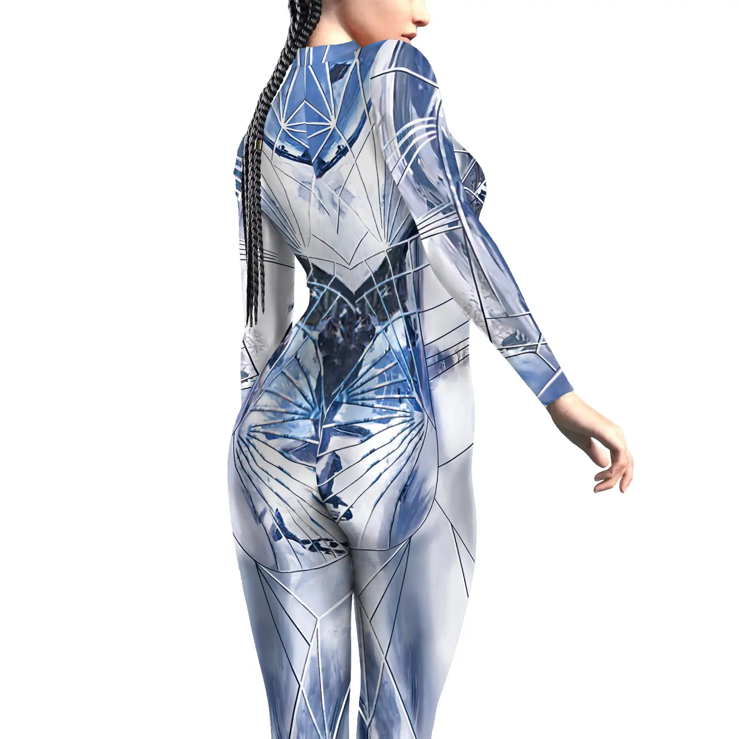 Women Glass Stitched Jumpsuit Tights Blue Silver Digital Print