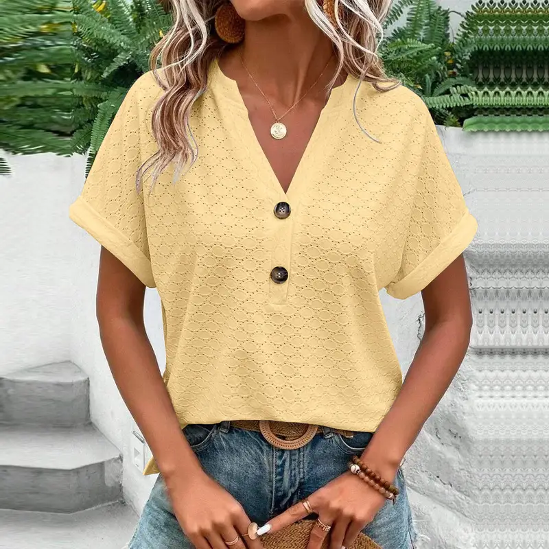 Women Button V-Neck T-Shirt Pink 2023 - Image 9