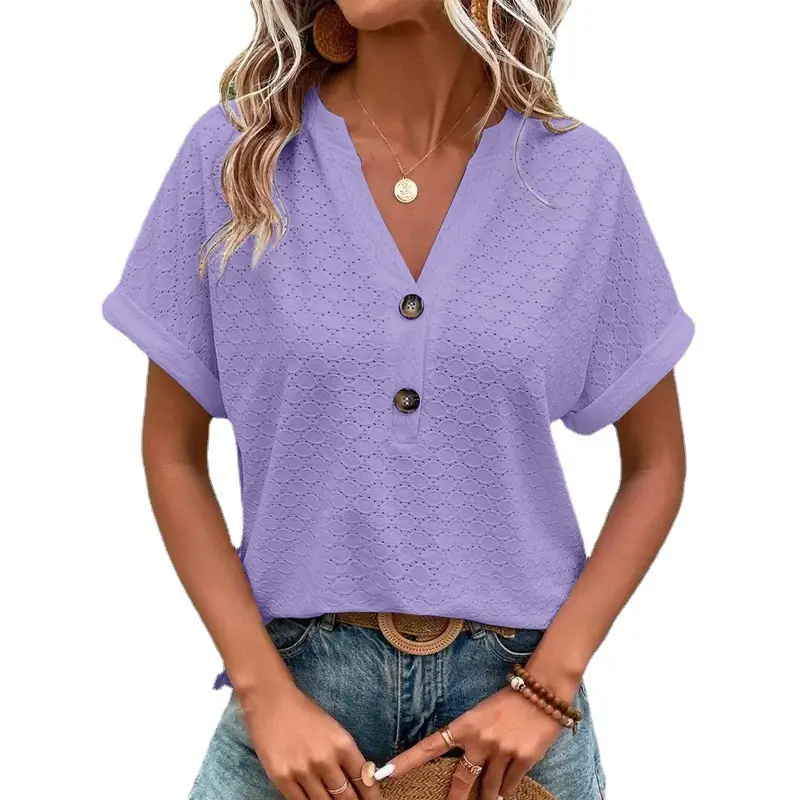 Women Button V-Neck T-Shirt Pink 2023 - Image 11