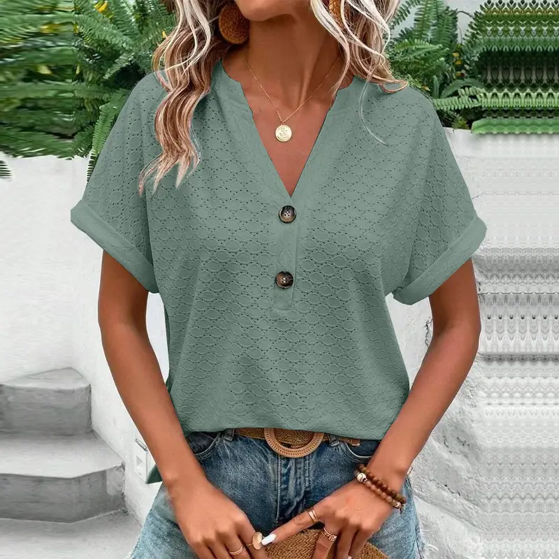Women Button V-Neck T-Shirt Pink 2023 - Image 4