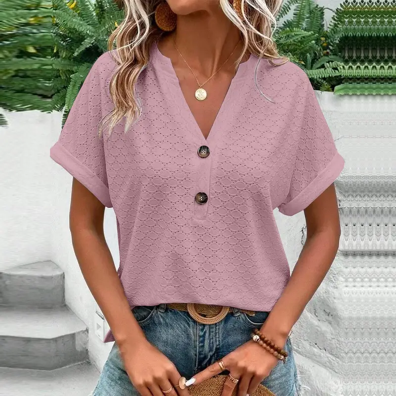 Women Button V-Neck T-Shirt Pink 2023 - Image 6