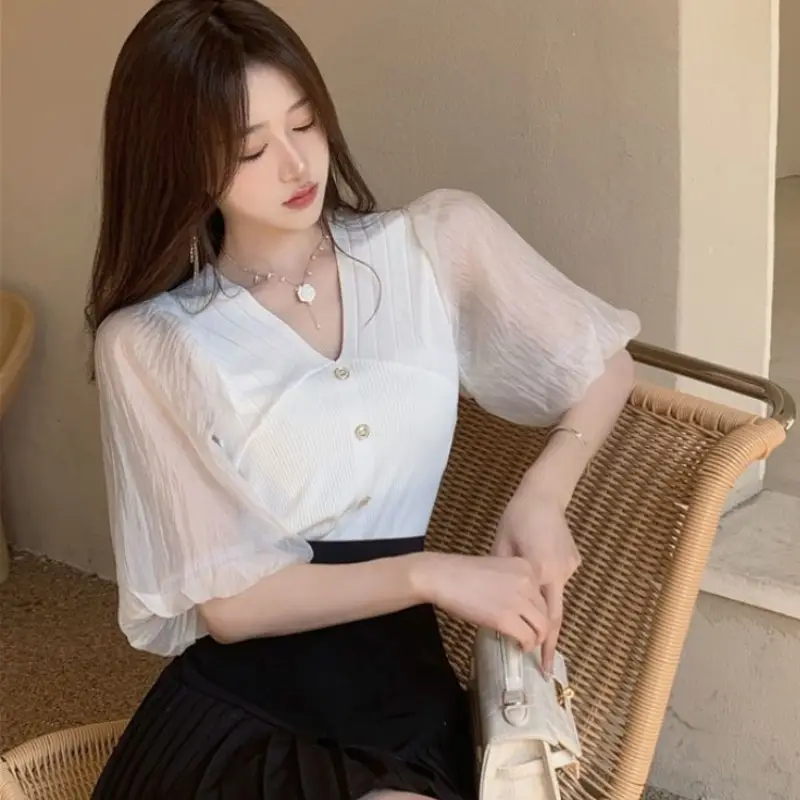Women French Style V Neck Sweater Top Summer Slimming