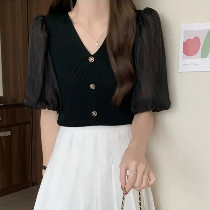 Women French Style V Neck Sweater Top Summer Slimming