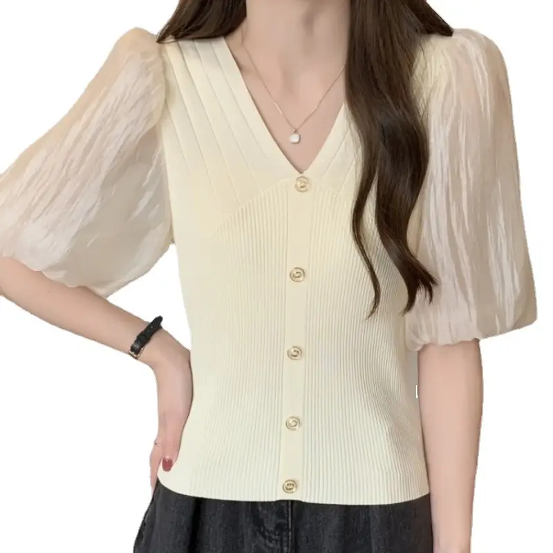 Women French Style V Neck Sweater Top Summer Slimming
