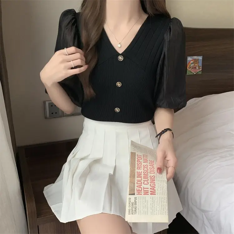 Women French Style V Neck Sweater Top Summer Slimming — feature 11
