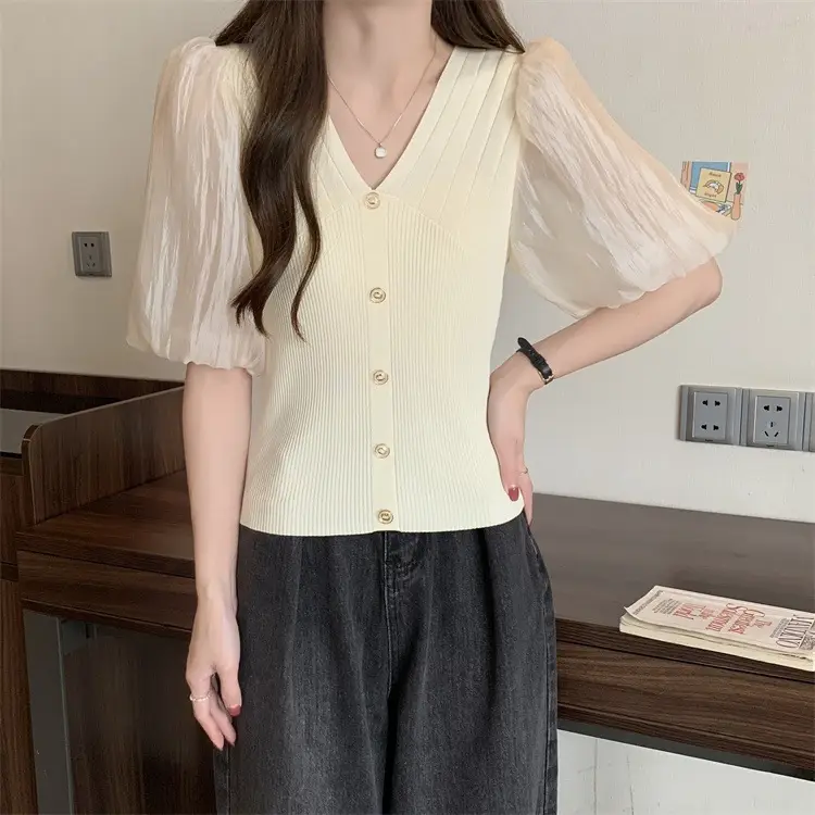 Women French Style V Neck Sweater Top Summer Slimming — feature 12