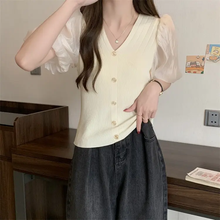 Women French Style V Neck Sweater Top Summer Slimming — feature 13