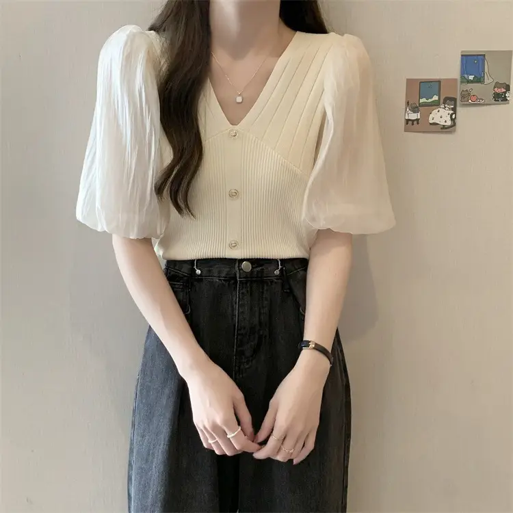 Women French Style V Neck Sweater Top Summer Slimming — feature 14
