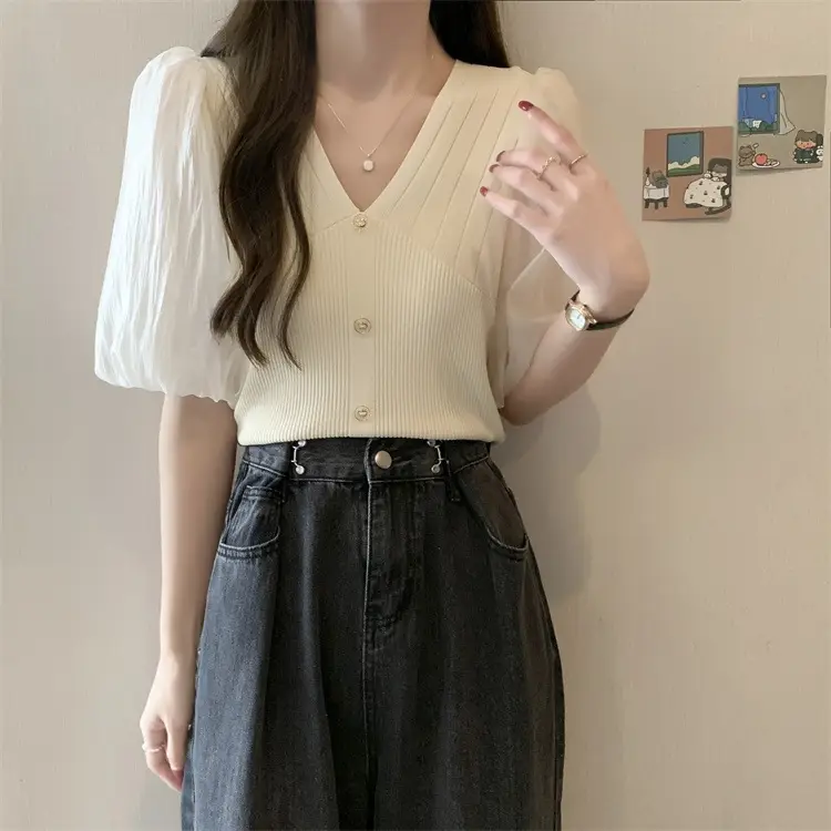 Women French Style V Neck Sweater Top Summer Slimming — feature 15
