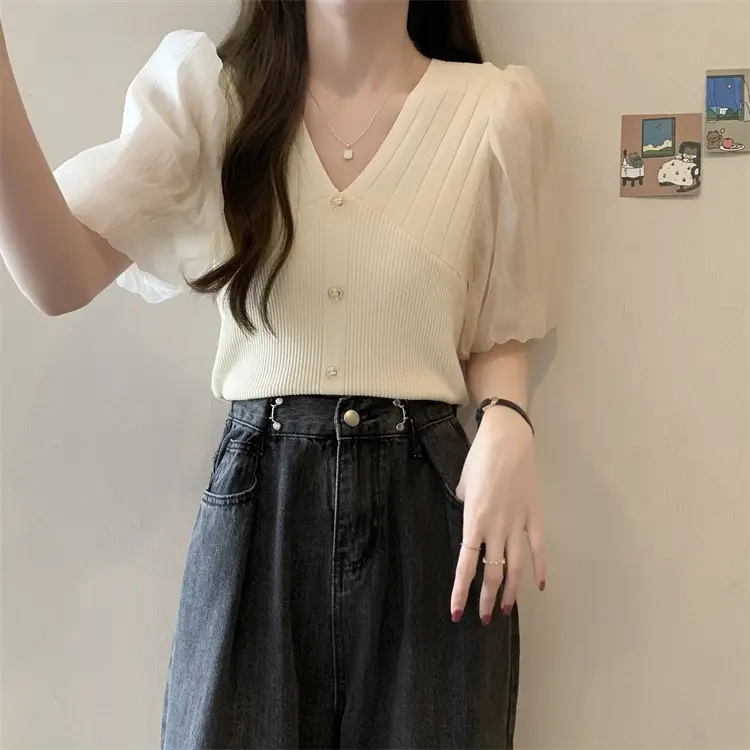 Women French Style V Neck Sweater Top Summer Slimming — feature 16