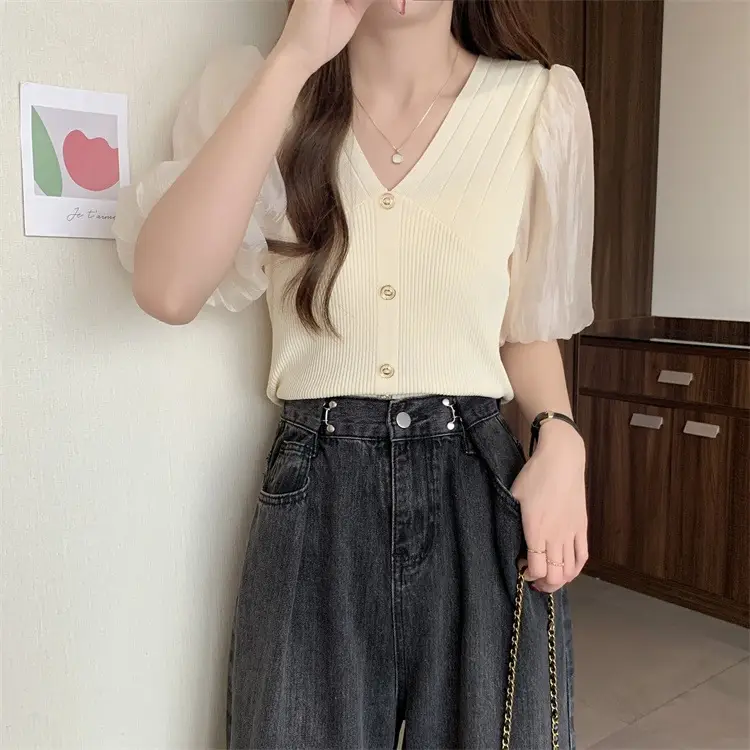 Women French Style V Neck Sweater Top Summer Slimming — feature 17