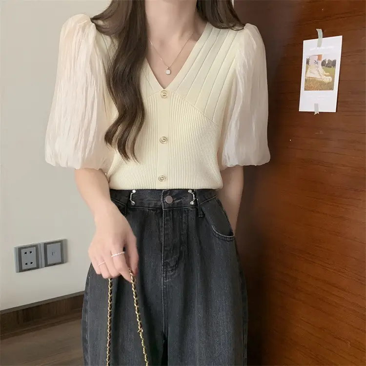 Women French Style V Neck Sweater Top Summer Slimming — feature 18