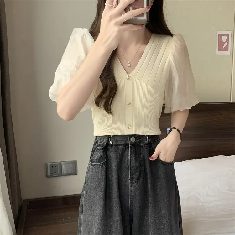 Women French Style V Neck Sweater Top Summer Slimming — feature 19