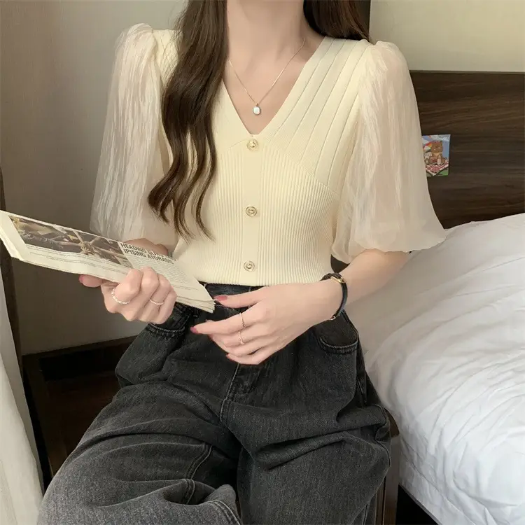 Women French Style V Neck Sweater Top Summer Slimming — feature 20