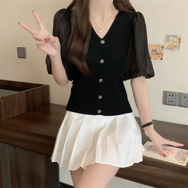 Women French Style V Neck Sweater Top Summer Slimming — feature 3