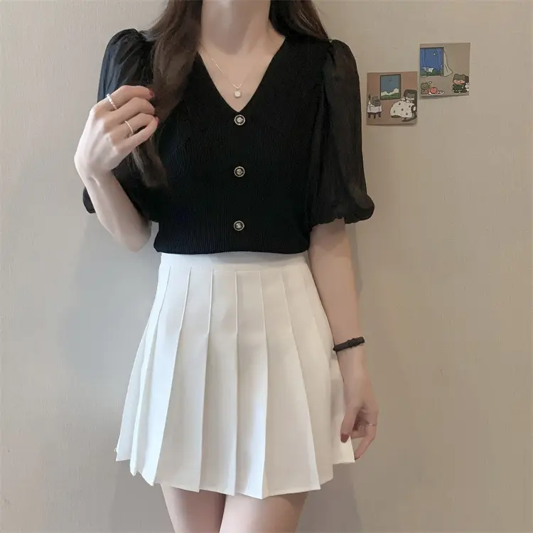 Women French Style V Neck Sweater Top Summer Slimming — feature 5