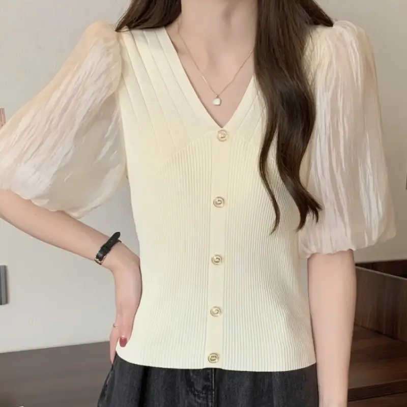 Women French Style V Neck Sweater Top Summer Slimming