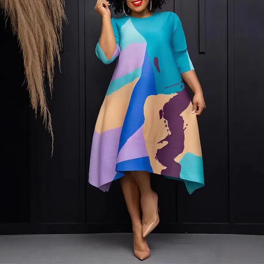 Double-Sided Printed Dress Loose Fit Teal Purple Brown - Image 3