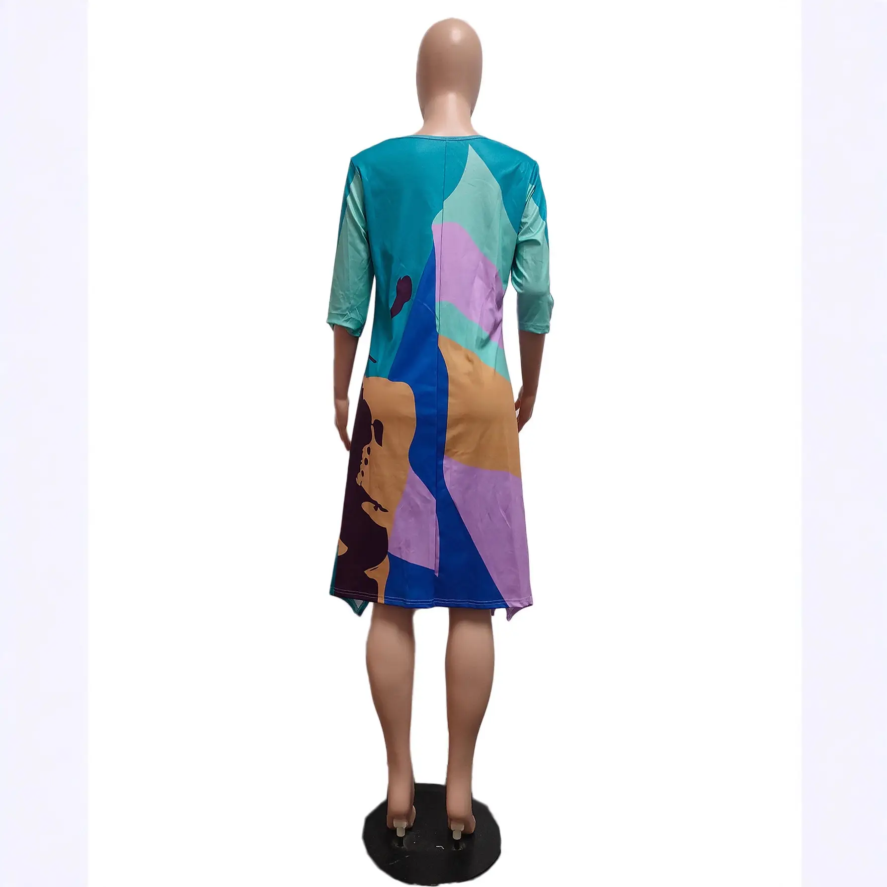Double-Sided Printed Dress Loose Fit Teal Purple Brown - Image 4