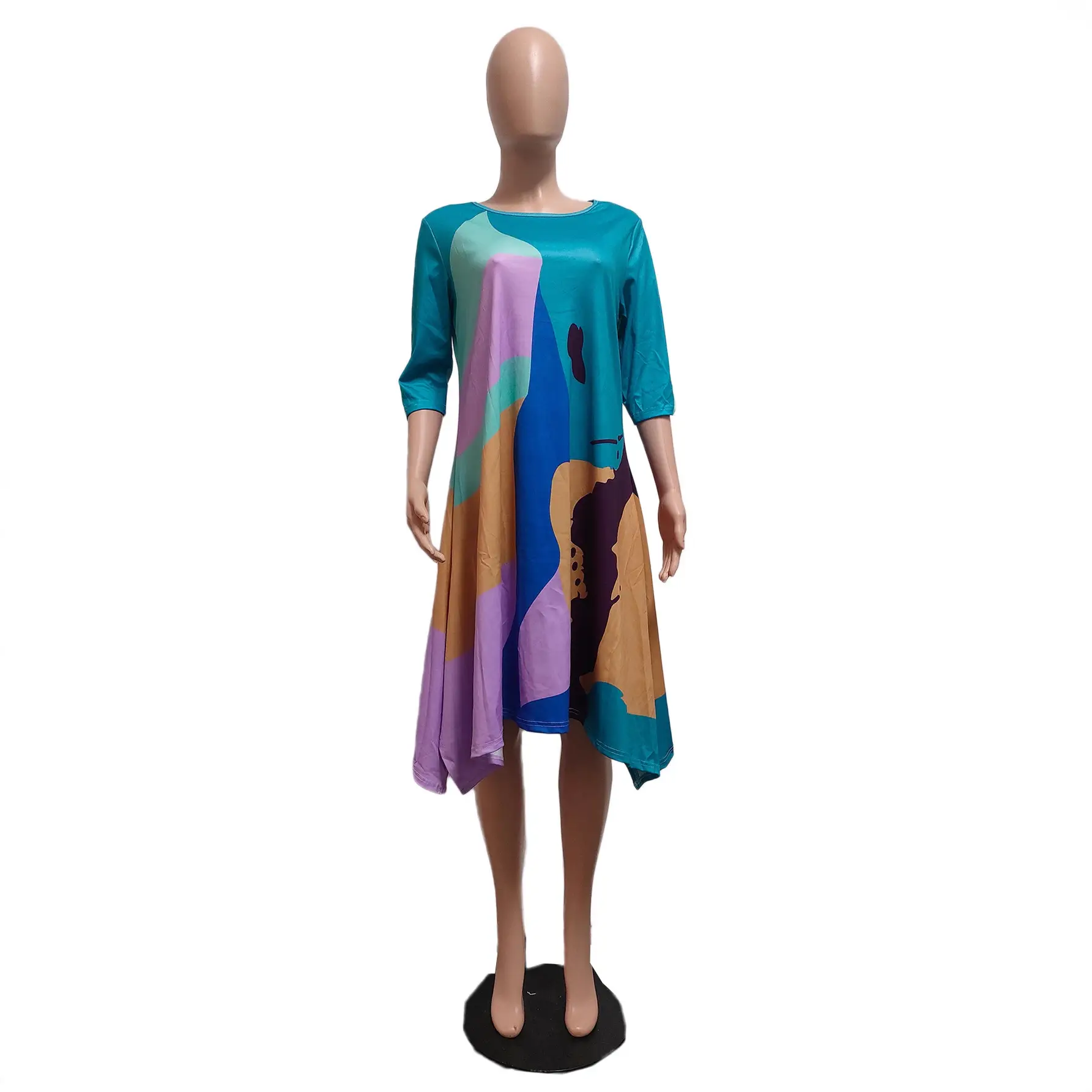 Double-Sided Printed Dress Loose Fit Teal Purple Brown - Image 6