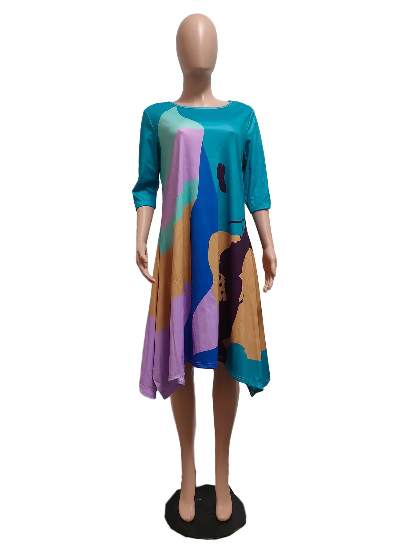 Double-Sided Printed Dress Loose Fit Teal Purple Brown — feature 2