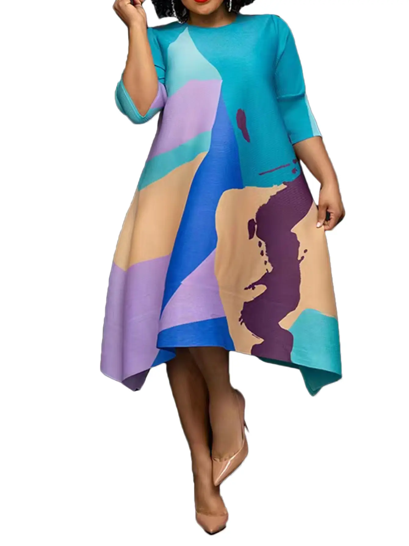 Double-Sided Printed Dress Loose Fit Teal Purple Brown — feature 7