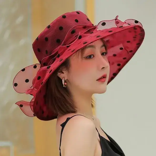 Women Sun Hat Polka Dot Net Gauze Summer - Image 5