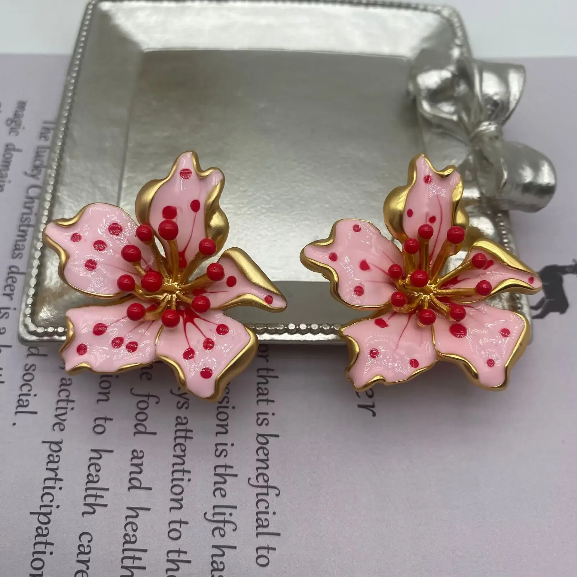 Retro Vintage Flower Earrings Rose Brushed Enamel Silver Needle Electroplated - Image 5