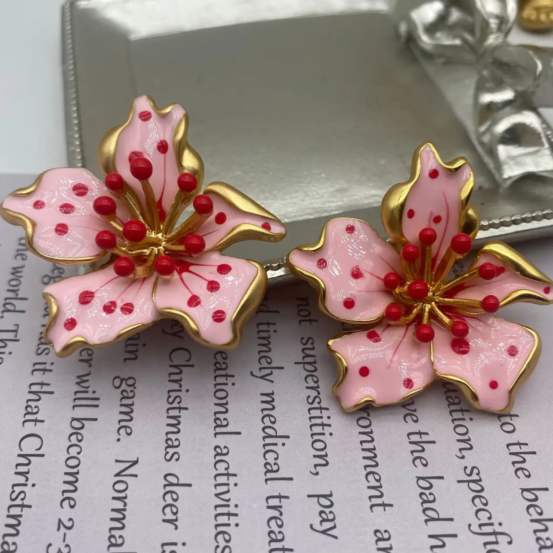 Retro Vintage Flower Earrings Rose Brushed Enamel Silver Needle Electroplated - Image 6