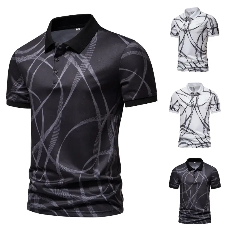 Men's Black Striped Polo Shirt Short Sleeve Lapel - Image 4