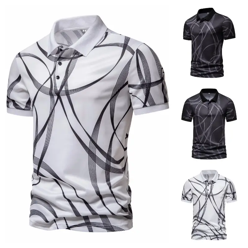 Men's Black Striped Polo Shirt Short Sleeve Lapel — feature 3