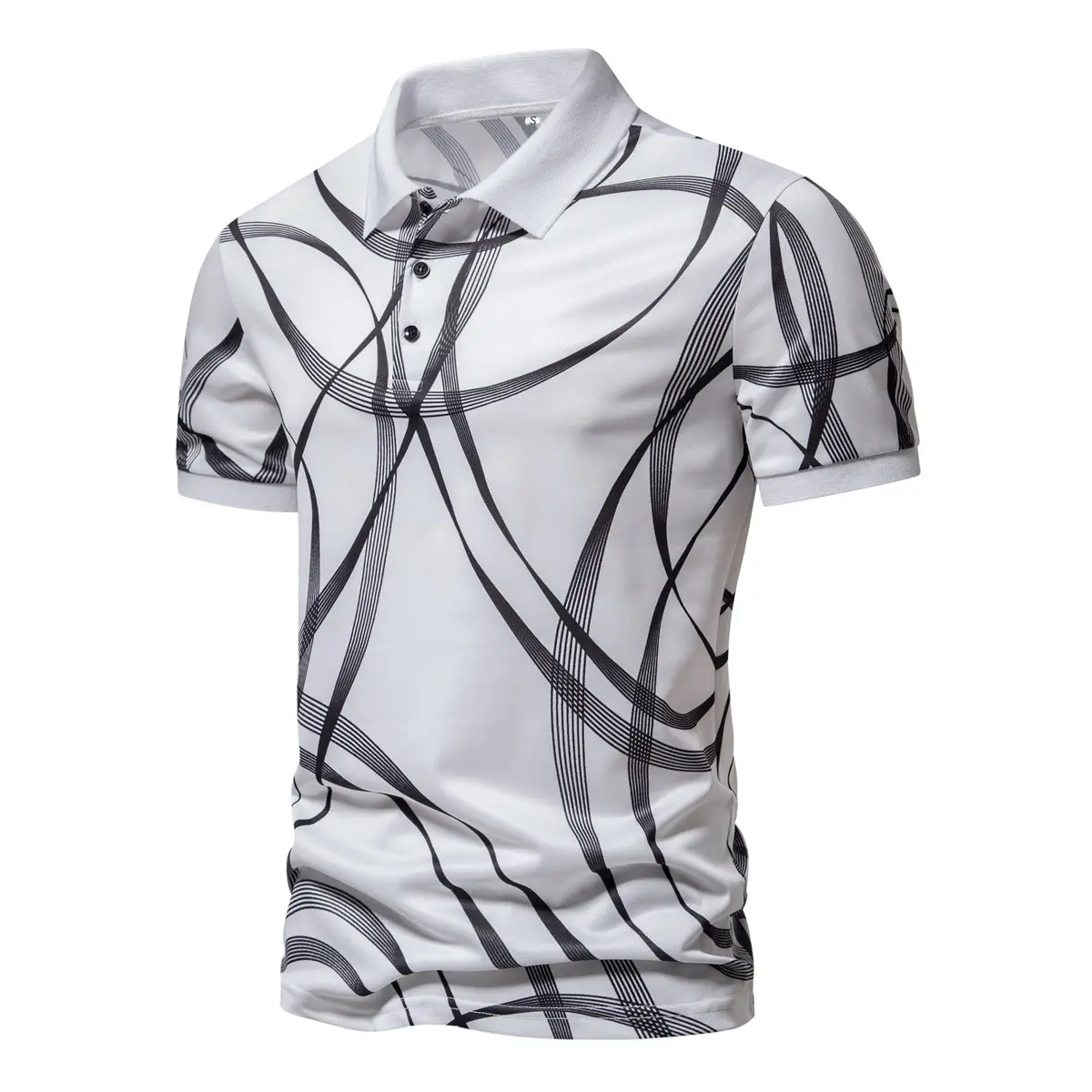 Men's Black Striped Polo Shirt Short Sleeve Lapel — feature 5