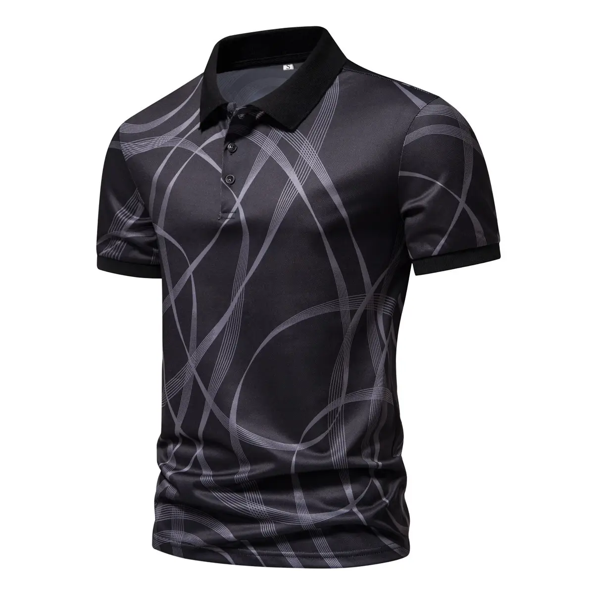 Men's Black Striped Polo Shirt Short Sleeve Lapel — feature 8