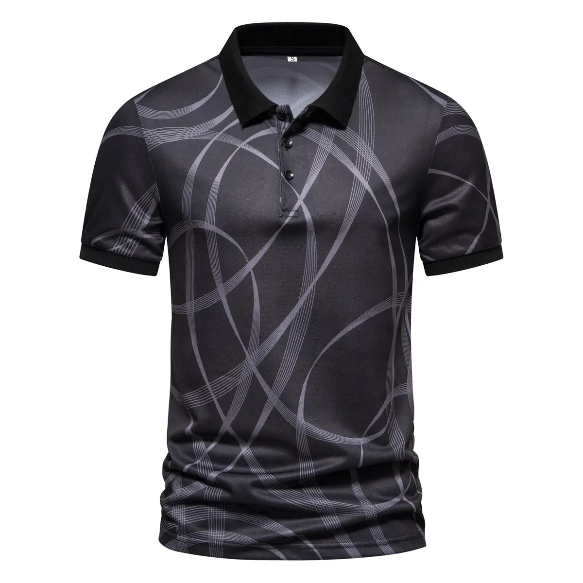 Men's Black Striped Polo Shirt Short Sleeve Lapel - Image 2