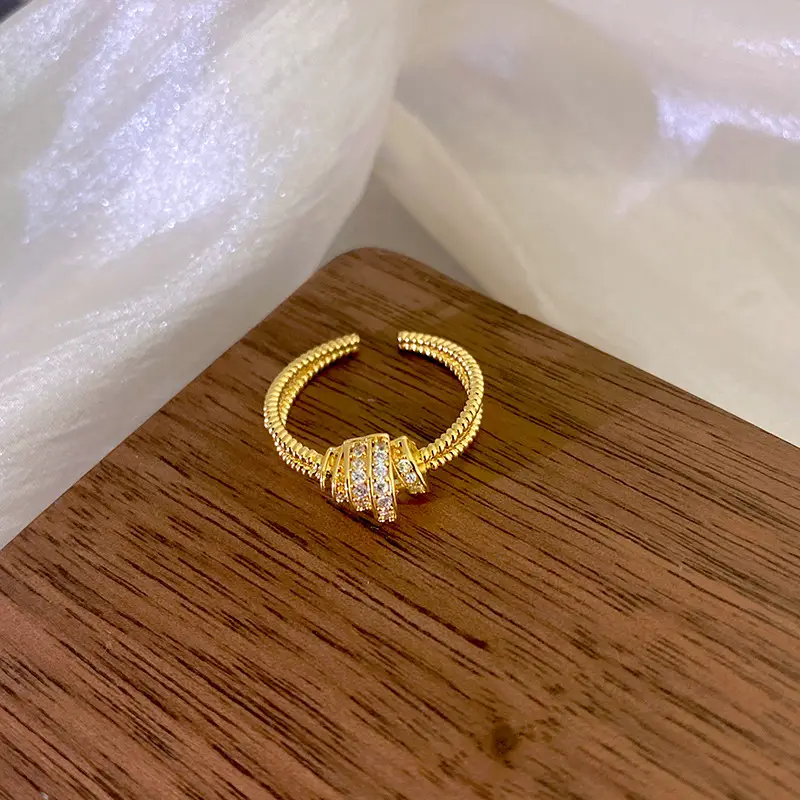Japanese Korean Style Adjustable Gold Ring with Full Diamond Design - Image 3
