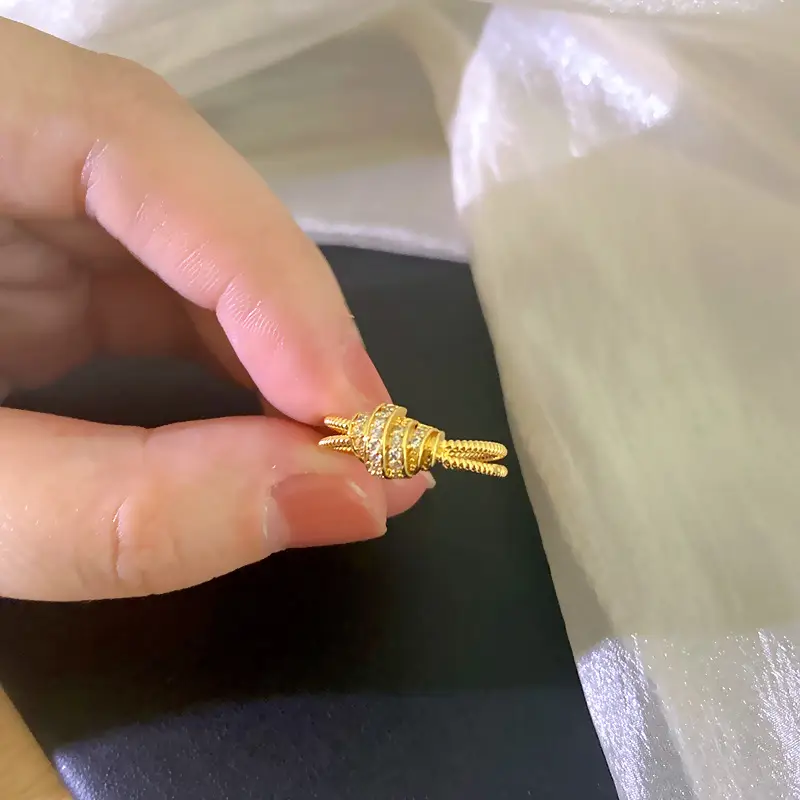 Japanese Korean Style Adjustable Gold Ring with Full Diamond Design - Image 4
